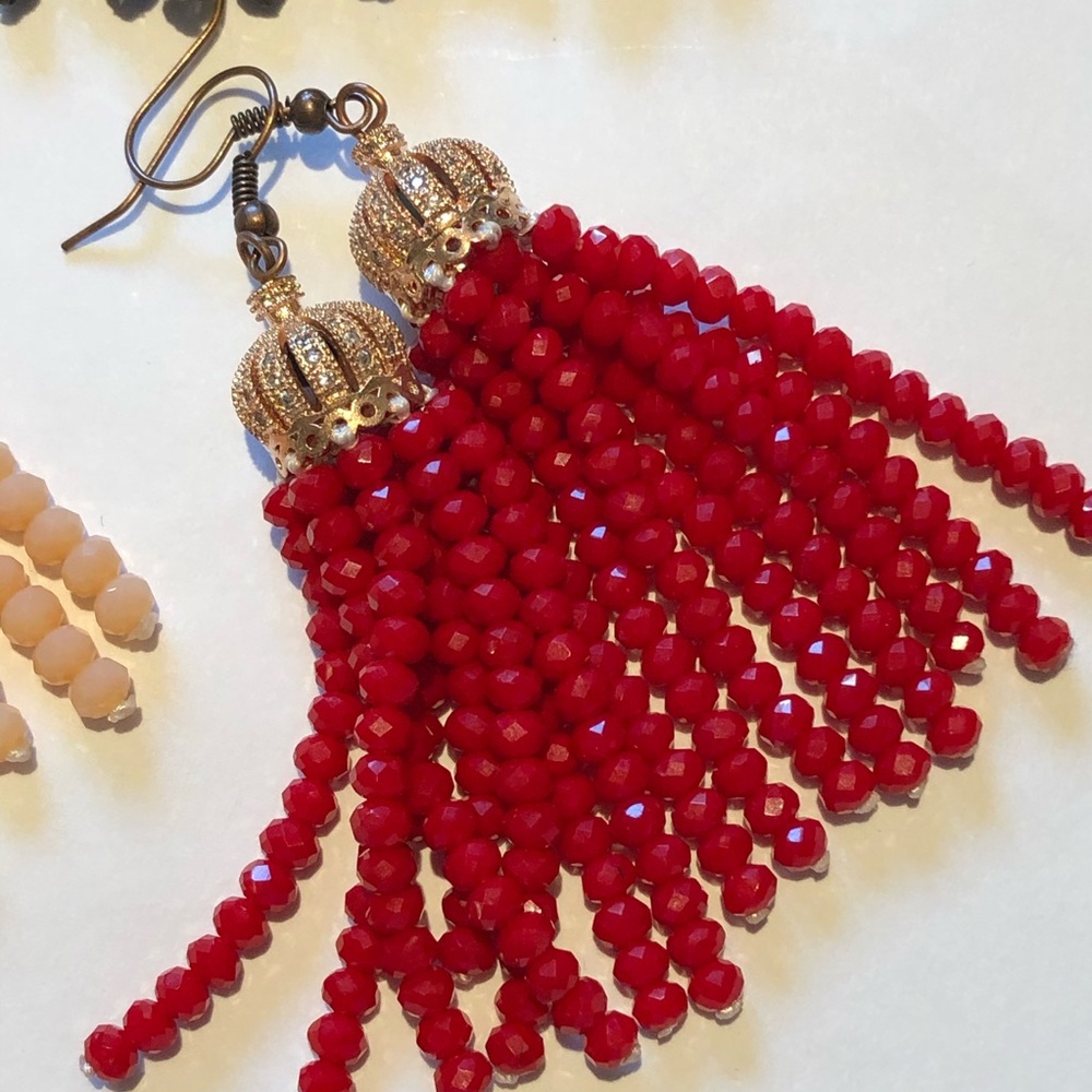 Red/Antique Rose Gold Crystal Tassel Earrings